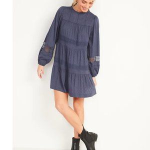 Old Navy Long-Sleeve Pintucked Clip-Dot Mini Swing Dress S Volcanic Glass Small